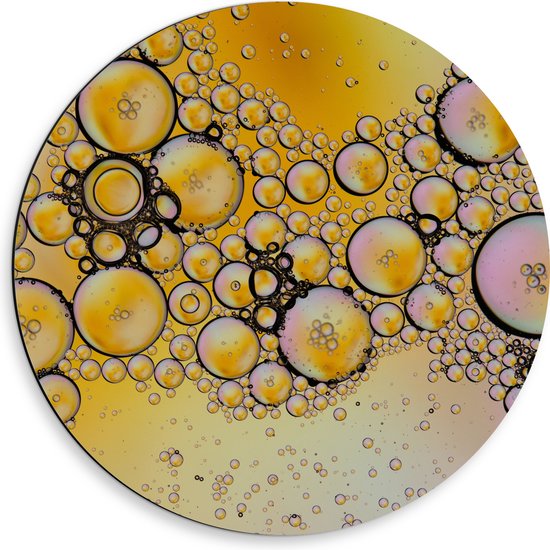 Dibond Muurcirkel - Luchtbellen op Ondergrond van Gele en Roze Tinten - 50x50 cm Foto op Aluminium Muurcirkel (met ophangsysteem)