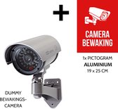 Dummy Beveiligingscamera Pack + Pictogram "Camera bewaking" in aluminium | Waterdichte behuizing voor gebruik buitenshuis | Incl. AA batterijen