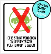 Pictogram/ plaatje | "Het is strikt verboden om je elektrisch voertuig op te laden" | 19 x 25 cm | Eco auto | Elektrische wagen | Auto opladen | Laadpaal | Vakantiehuis | Wegwijs | Toeristen | Ultradun | 1 stuk