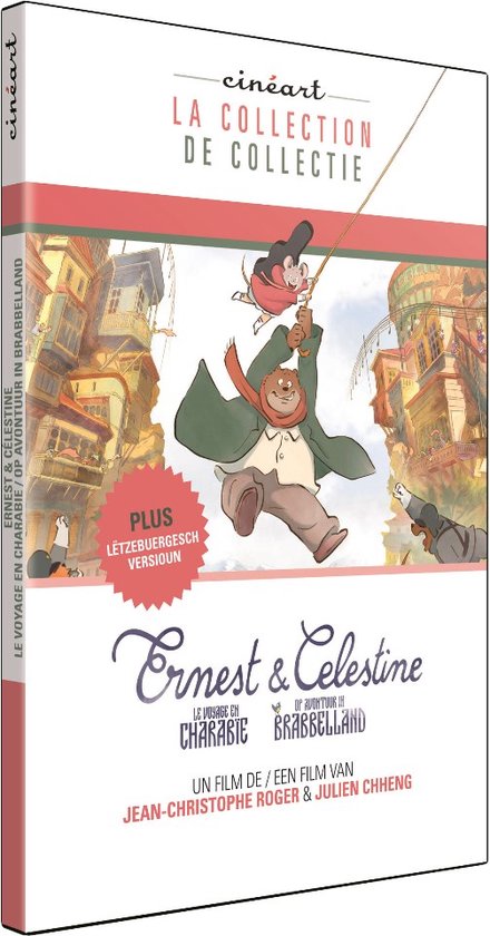 De dvd-hoes toont de animatiepersonages Ernest en Celestine die slingeren, met kleurrijke gebouwen op de achtergrond en tekst.