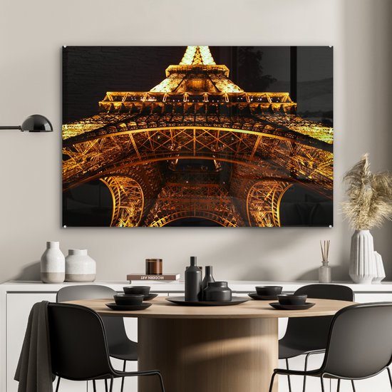 Glasschilderij - Eiffeltoren - Goud - Parijs - Luxe - 90x60 cm - Foto op glas - Kamer decoratie