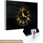 ® Glasschilderij 120x80 cm - Schilderij acrylglas - Klok - Goud - Luxe - Design - Foto op glas - Muurdecoratie woonkamer - Wanddecoratie slaapkamer - Schilderijen