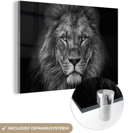 Glasschilderij leeuw - Zwart - Wit - Dieren - Foto op glas - Wanddecoratie glas - 30x20 cm - Woondecoratie - Schilderij glas - Muurdecoratie woonkamer