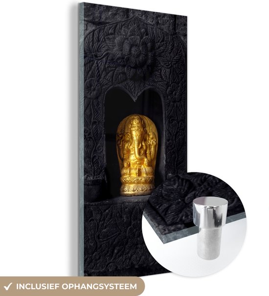 Glasschilderij - Ganesha beeld - Goud - Spiritueel - Bakstenen - Zwart - 40x80 cm - Wanddecoratie - Kamer decoratie
