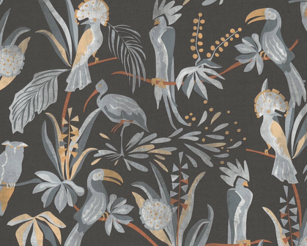 BLADEREN EN VOGELS BEHANG | Jungle - zwart grijs beige oranje - A.S. Création House of Turnowsky