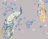 PAUWEN BEHANG | Botanisch - grijs blauw roze wit groen - A.S. Création House of Turnowsky