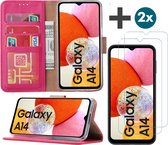 Arara Hoesje geschikt voor Samsung Galaxy A14(5G/4G) hoesje - bookcase met pasjeshouder + 2x Screenprotector tempered glass - Roze