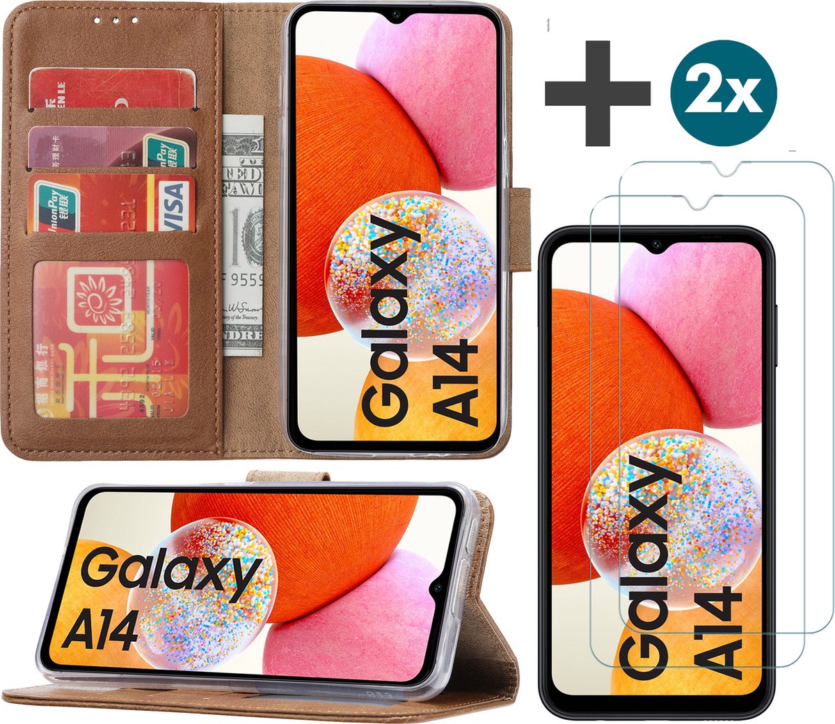 Arara Hoesje geschikt voor Samsung Galaxy A14 (5G/4G) hoesje - bookcase met pasjeshouder + 2x Screenprotector tempered glass - Bruin