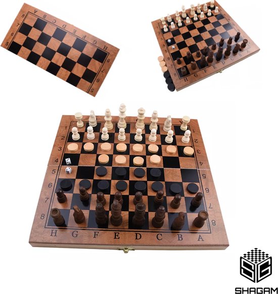 Schaakbord - Backgammon - Dambord (8x8) - 48 x 48 cm - Schaakspel - Schaakset - Schaken - Dammen - 3-in-1 Bordspel - Hout - Opklapbaar