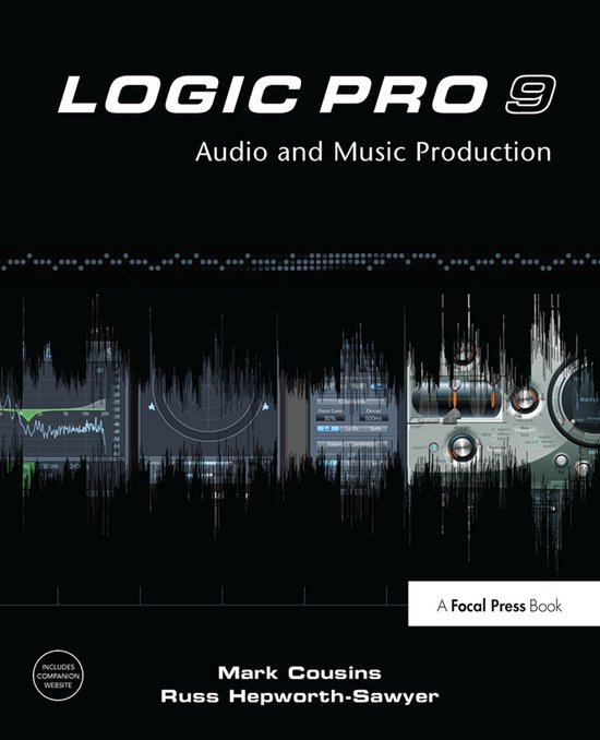 Couverture du livre "Logic Pro 9: Audio and Music Production" avec une forme d'onde sonore et des interfaces logicielles.