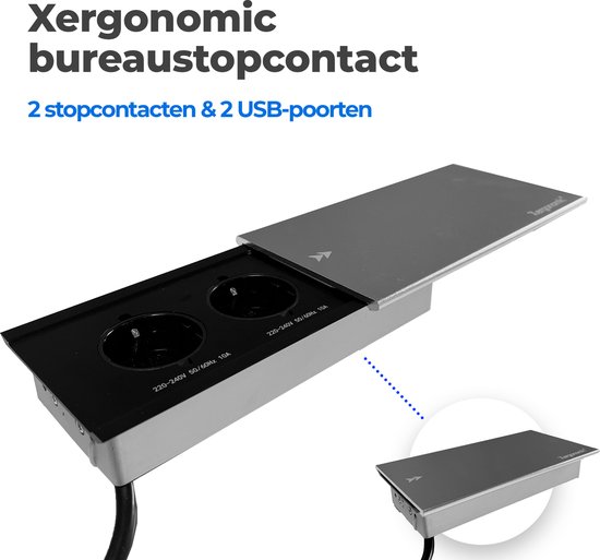 Prise de bureau Xergonomic - multiprise de bureau avec 2 prises et 2 ports  USB 