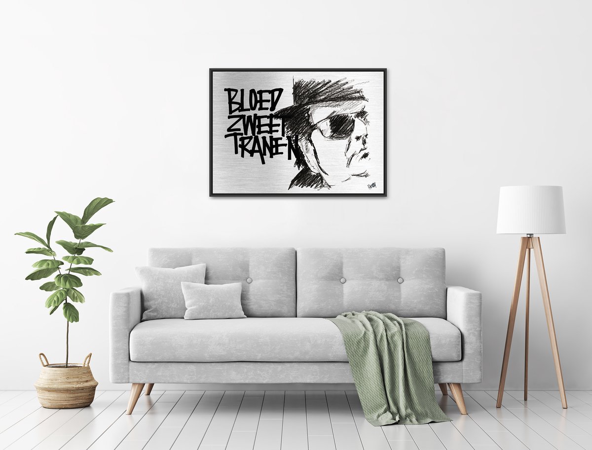 De Opmakerij ANDRE HAZES * BLOED, ZWEET EN TRANEN * - uniek sign painted kunstwerk op geborsteld aluminium incl. baklijst zwart