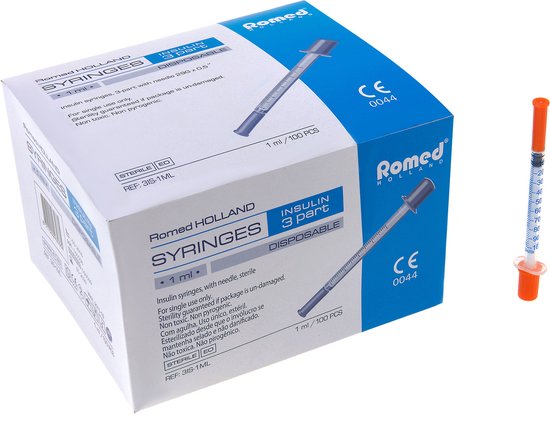 Romed Insulinespuit met Naald - 100 stuks - 3 Delig - 0,33 mm x 12,7 mm - Individueel Steriel Verpakt - Wegwerpspuit met Naald - Insuline Naald