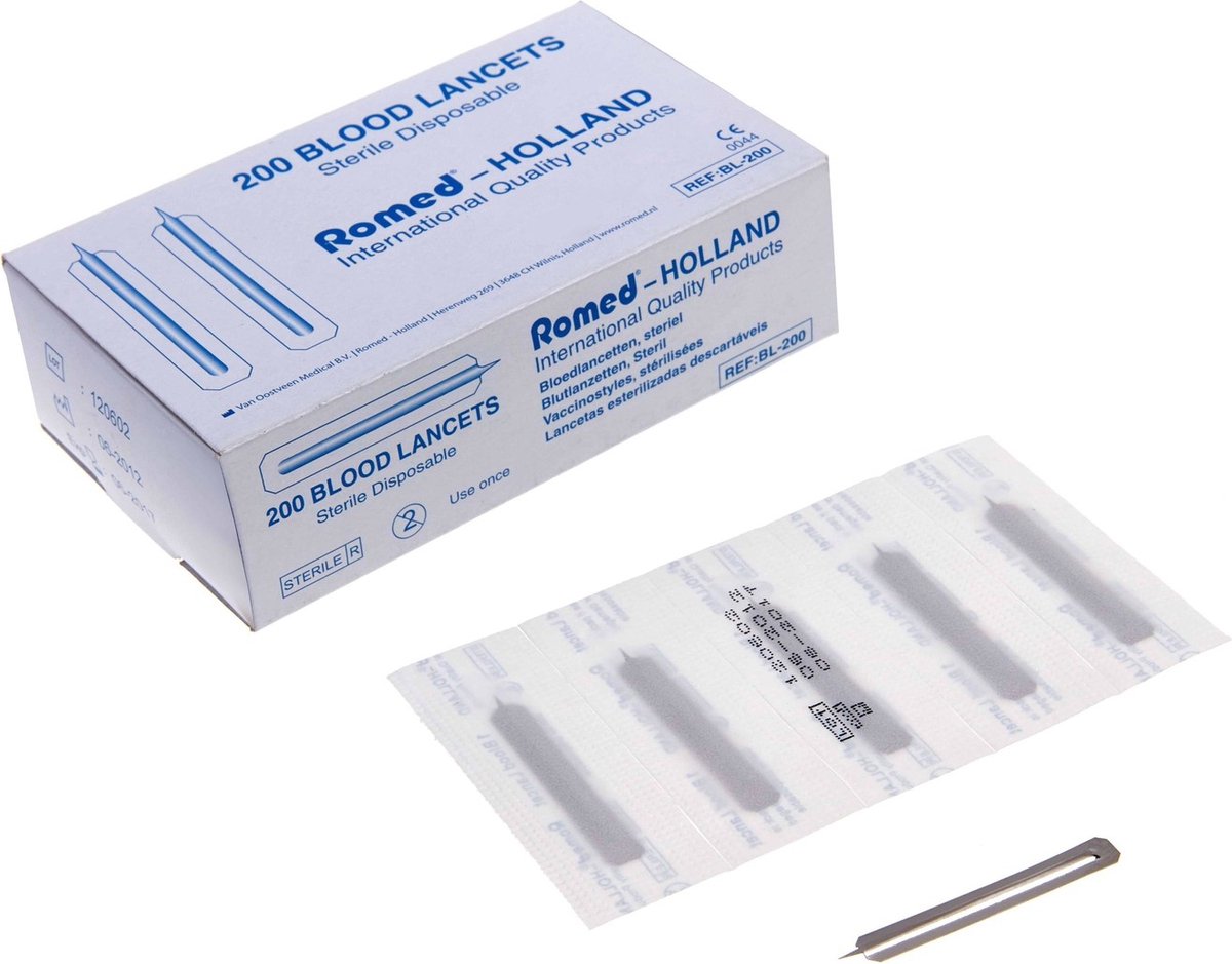 Goedkoopste Romed bloedlancetten / blarenprikkers (200 stuks) Romed - Blauw - Roestvrij Staal - Steriele blarenprikker - Naaldmaat 23 g