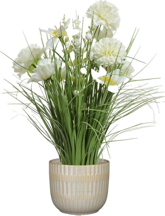 Kunstbloemen boeket wit in pot lichtgrijs - keramiek - H40 cm