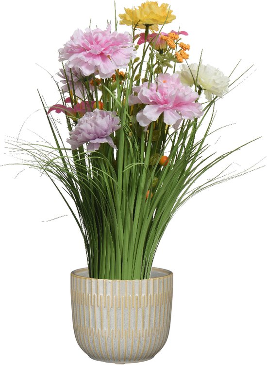 Kunstbloemen boeket lila paars - in pot lichtgrijs - keramiek - H40 cm