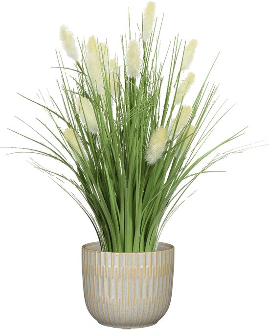 Roseau artificiel/herbe à plumes - en pot gris clair - céramique - H40 cm