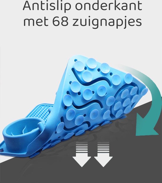 Onderkant van een blauwe siliconen snuffelmat met 68 zuignapjes voor anti-slip.