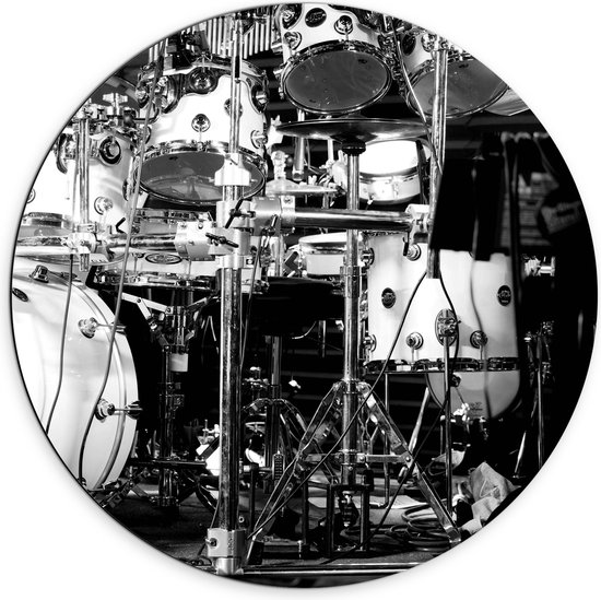Dibond Muurcirkel - Lichtgekleurd Drumstel (Zwart- wit) - 70x70 cm Foto op Aluminium Muurcirkel (met ophangsysteem)