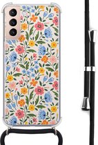 Hoesje met koord geschikt voor Samsung Galaxy S21 - Romantische bloemen - Inclusief zwart koord - Crossbody beschermhoes - Transparant, Multi - Mooie Telefoonhoesjes