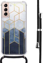Hoesje met koord geschikt voor Samsung Galaxy S21 - Geometrisch fade art - Inclusief zwart koord - Crossbody beschermhoes - Transparant, Blauw - Mooie Telefoonhoesjes