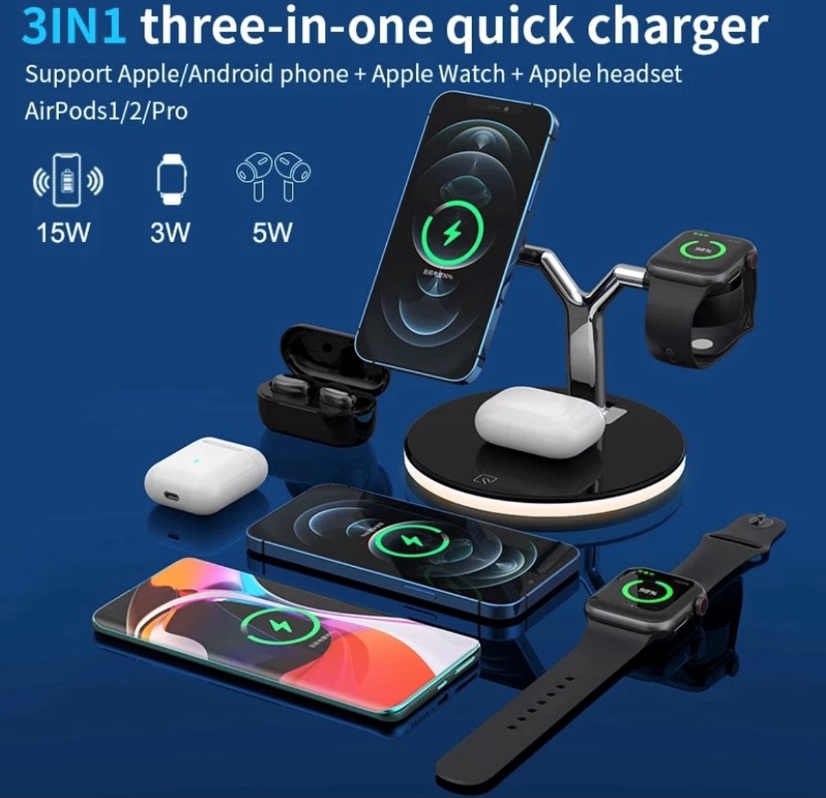 Station de charge sans fil QI 3 en 1 - Chargeur - 15W (chargeur rapide) -  pour Apple | bol.com