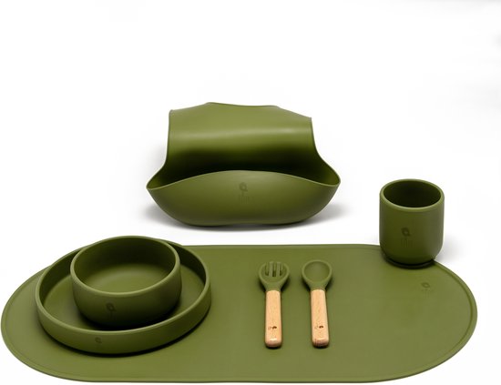 7 delige set Siliconen Kinderservies set ( Olive ) - Eetset peuter - Baby Servies - Antislip - BPA vrij - Onbreekbaar - Giftset - Kraamcadeau - Babyshower - Siliconen Kinderbestek - siliconen servies baby set - Cadeau van Cangaroo — afbeelding 2
