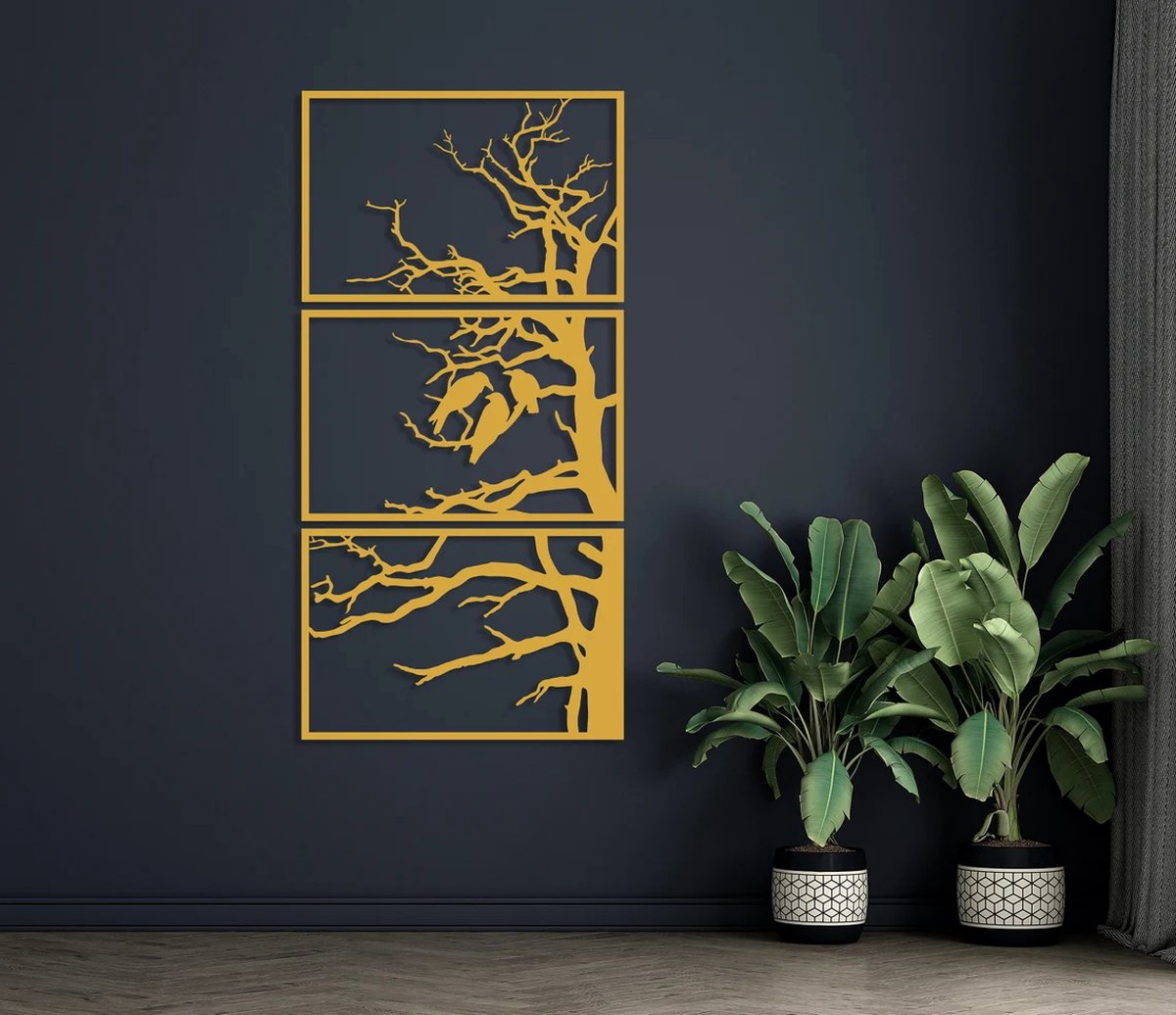 Metalen Wanddecoratie Boom Panelen – 3D Wandkunst – Goud – 70 x 35 cm – Set van 3