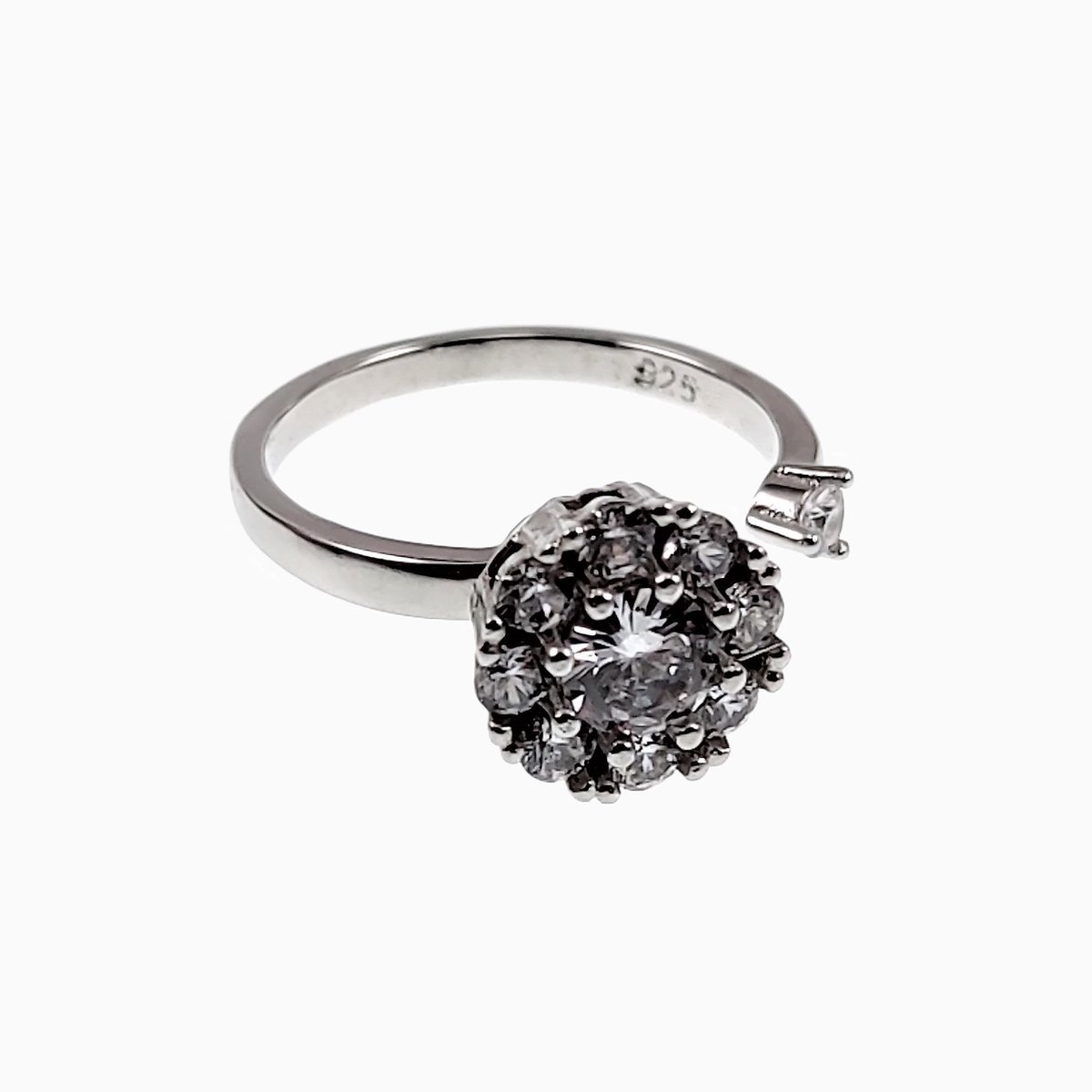 Ring Dames - S925 Zilver Gerhodineerd - Een maat - Verstelbaar Ring - Open Ring met Roterend Zirkonia