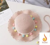 Fiory Strohoed| Zonnehoedje voor Baby/kinderen| Strooien hoed roze met gekleurde bolletjes | tm 7 jaar |UV Cap| Verstelbaar| Ademend| Roze
