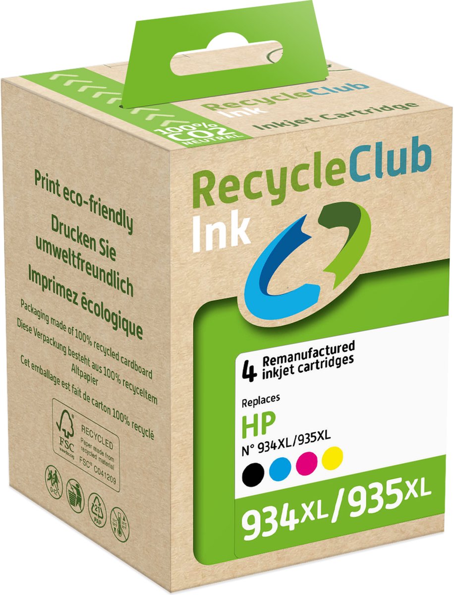 RecycleClub inktcartridge - Inktpatroon - Geschikt voor HP - Alternatief voor HP 934XL Zwart 45ml en 935XL Cyan Blauw 8ml Magenta Rood 8ml Yellow Geel 8ml - 4-pack