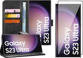 Hoesje geschikt voor Samsung Galaxy S23 Ultra - Screen Protector FlexGuard - Book Case Leer Pasjeshouder Zwart & Screenprotector
