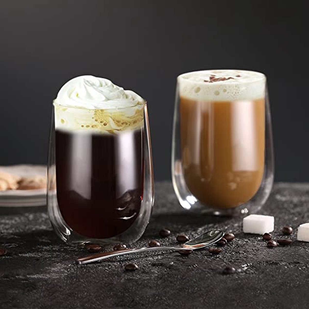 Set 2 Verres Latte Macchiato Avec Cuillères - Verres à Café Avec Poignée, 345 Ml, Transparent