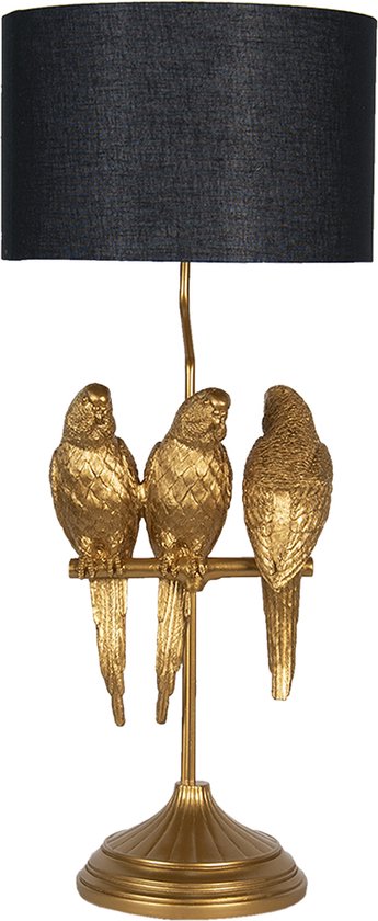 HAES DECO - Tafellamp - City Jungle - Goudkleurige Papagaaien Lamp, formaat Ø 33x79 cm - Zwart / Goudkleurig Polyresin Papegaai - Bureaulamp, Sfeerlamp