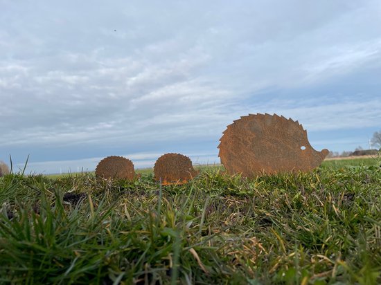 Foto: Tuindecoratie egel met 2 jonge kleine egeltjes metaal ijzer staal cortenstaal