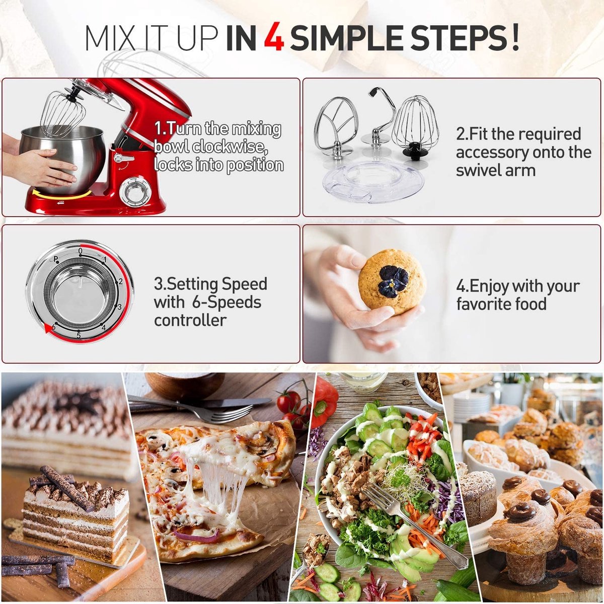 Royalty Line® PKM1900BG 3 in 1 Keukenmachine - 6.5 L Keukenrobot - 1900W Foodprocessor - Keukenmixer Met Blender & Vleesmolen - Rood — afbeelding 3