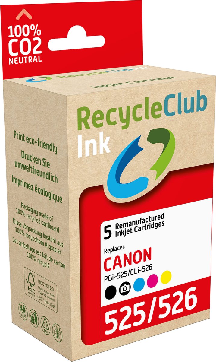 RecycleClub inktcartridge - Inktpatroon - Geschikt voor Canon - Alternatief voor Canon PGi-525 Zwart 19ml en CLi-526 Fotozwart 9ml Cyaan Blauw 9ml Magenta Rood 9ml Yellow Geel 9ml - Multipack - 5 stuks