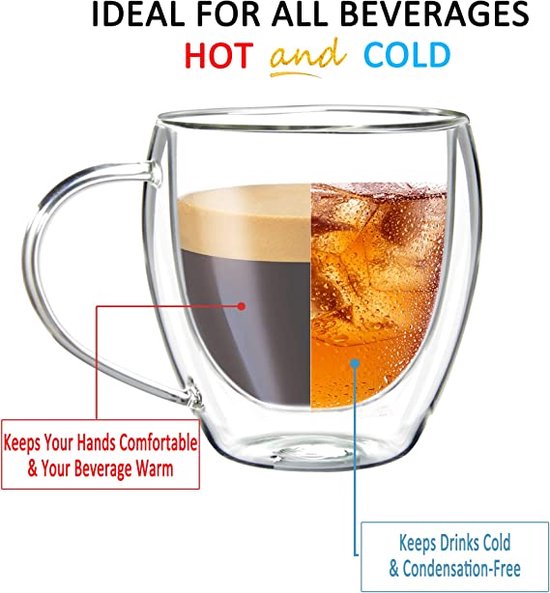 4x350ml Tasse à Café Tasse Cappuccino Verre Double Paroi, Tasses Latte  Macchiato Résistant à la Chaleur, Cadeau de Noël Mug Double Paroi en Verre  pour Café, Boissons Chaudes ou Froides, Thé, Jus