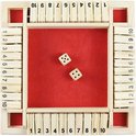 Houten Shut The Box spel met rode voering, vier rijen met genummerde tegels en twee dobbelstenen.