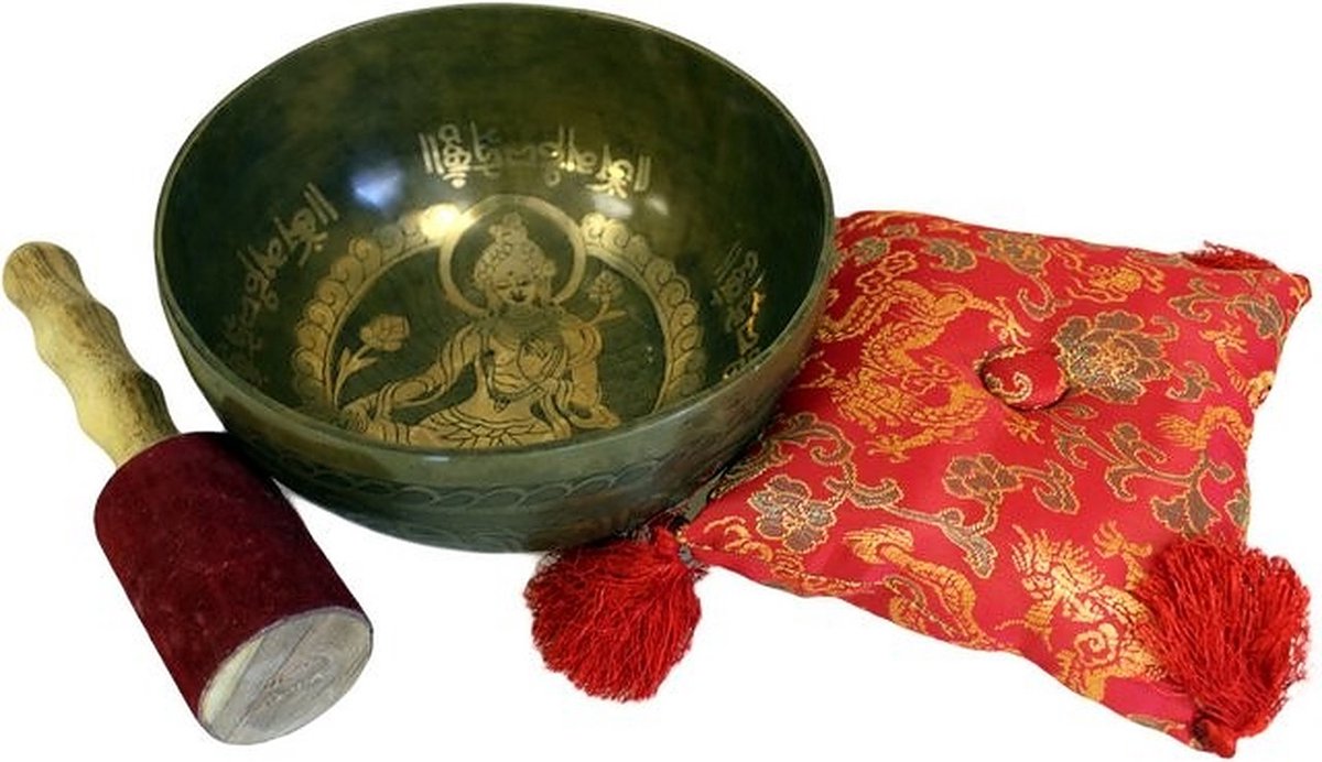 Tibetaanse Koperen Klankschaal Set - Gouden Tara - 19cm - Singing Bowl - Klank Schaal - Meditatie Schaal met Aanstrijkhout & Kussen - Joy of Balance