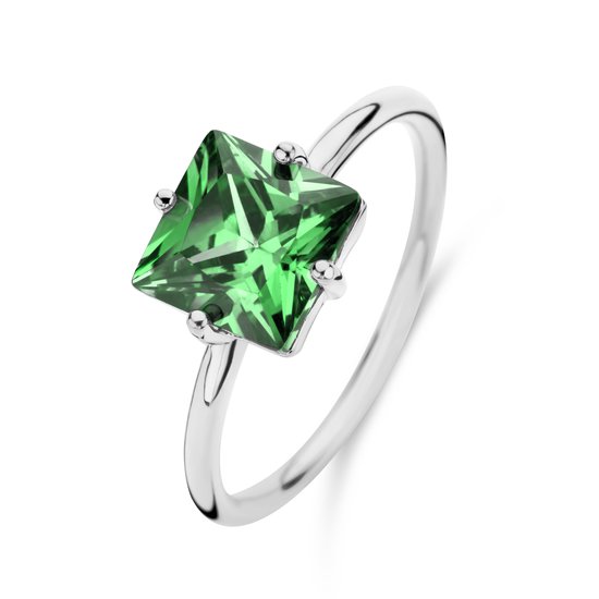 New Bling 9NB-1133-58 Zilveren Ring met Zirkonia Steen - Groen - 8mm - Vierkant - Maat 58 - Rhodium - Zilver