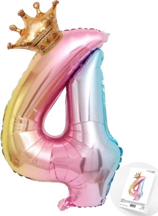 Cijfer Ballon nummer 4 - Prins - Prinses - Royal Rainbow - Ballon - Regenboog Unicorn Kleuren - Prinsessen Verjaardag