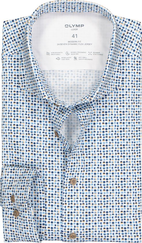 OLYMP 24/7 modern fit overhemd - tricot - wit met blauw en beige dessin (contrast) - Strijkvriendelijk - Boordmaat: 40
