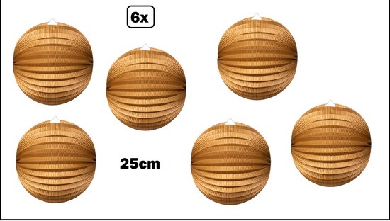 6x Lampion Goud 25cm - festival thema feest verjaardag party papier BBQ strand licht fun