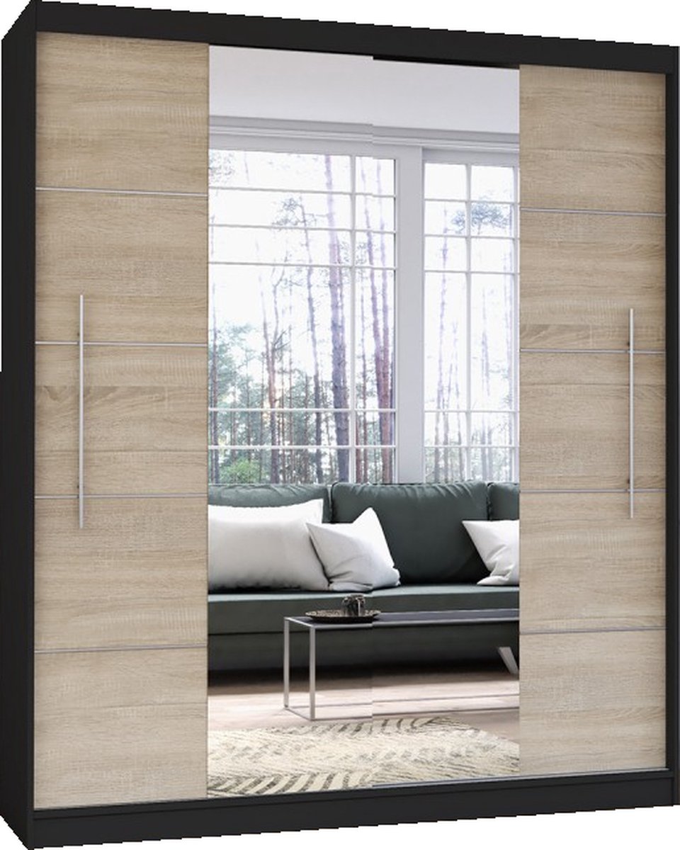 tectake Metalen garderobekast met gordijn 112x207x57cm - Zwart Staal