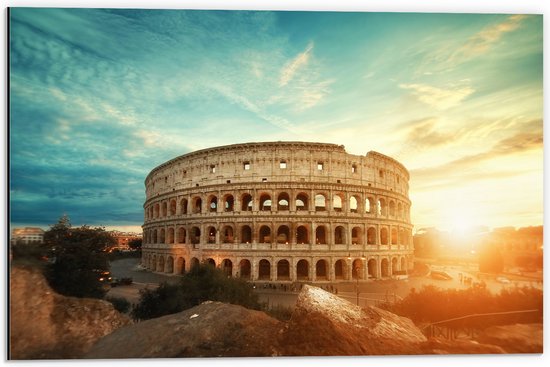 Dibond - Zonsondergang achter het Colesseum in Rome, Italië - 60x40 cm Foto op Aluminium (Met Ophangsysteem)