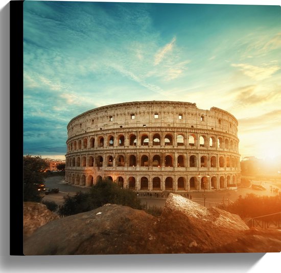 Canvas - Zonsondergang achter het Colesseum in Rome, Italië - 40x40 cm Foto op Canvas Schilderij (Wanddecoratie op Canvas)