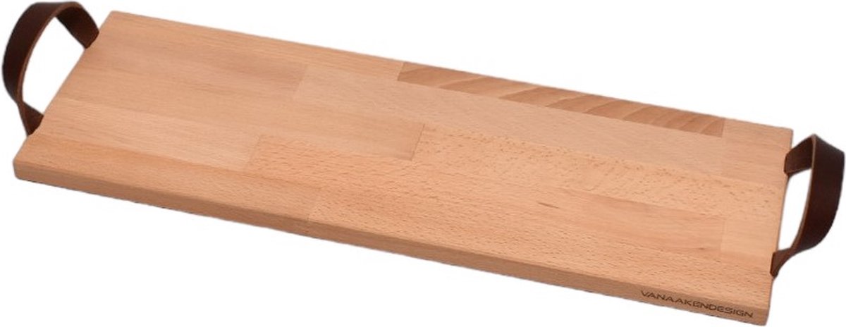 Beuken houten snijplank 50cm x 18cm met lederen handvatten - Borrelplank - Serveerplank - Van Aaken Design
