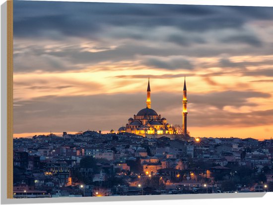 WallClassics - Hout - Süleymaniye-Moskee op Begin van de Avond in Istanbul, Turkije - 80x60 cm - 9 mm dik - Foto op Hout (Met Ophangsysteem)