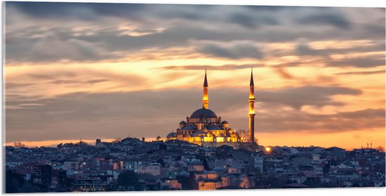 WallClassics - Acrylglas - Süleymaniye-Moskee op Begin van de Avond in Istanbul, Turkije - 100x50 cm Foto op Acrylglas (Wanddecoratie op Acrylaat)